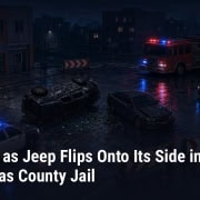 FFP illustration of police cruisers and a fire truck at a night crash scene with an overturned vehicle